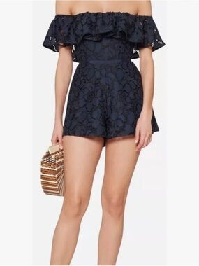 KEEPSAKE the Label Navy Off-Shoulder Lace Skort Romper